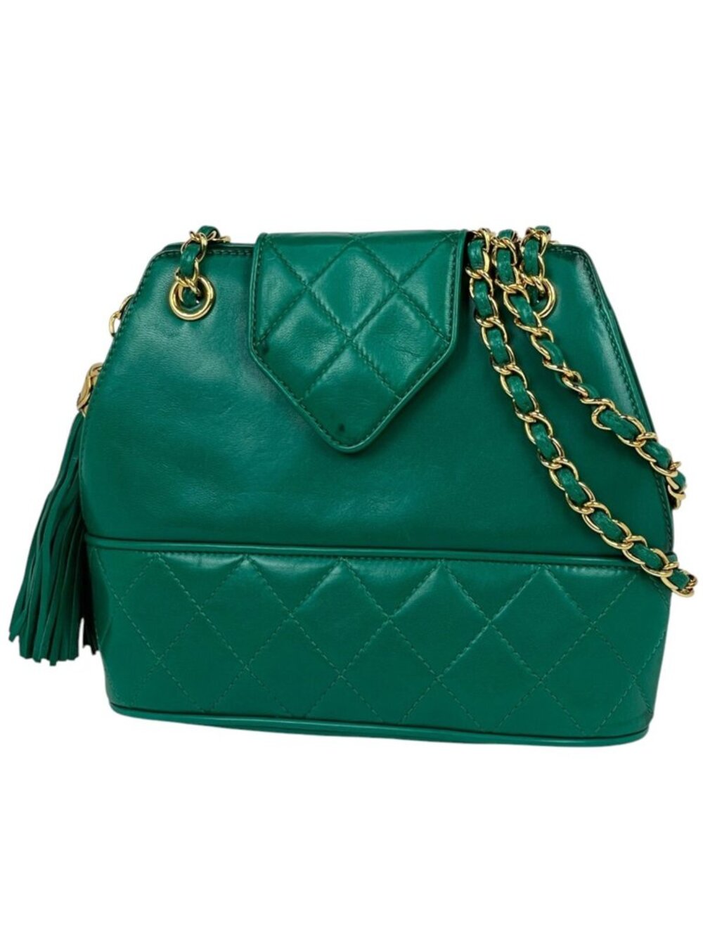 Chanel Shoulder Bag CC Logo Fringe Leather Green